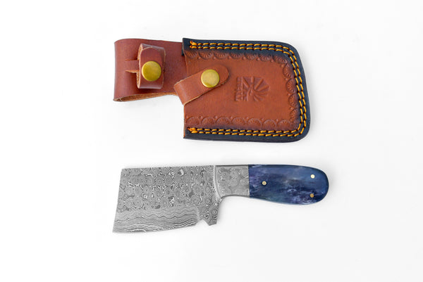 EDC Mini Cleaver/ Handmade Damascus Steel/ Bushcraft knife/ Tactical handle with Dyed Bone Handle TD-231