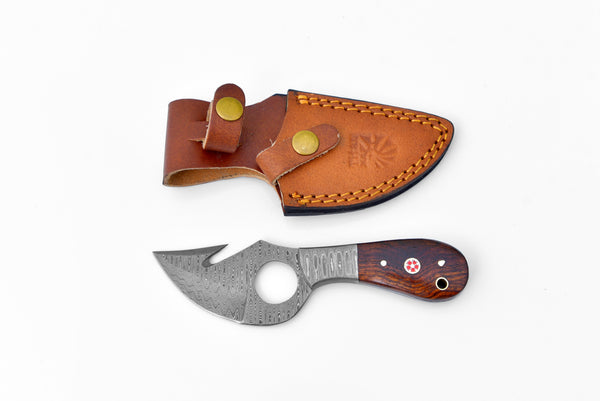 Damascus Knife, Skinner Knife with Gut Hook, Hand forged by Titan TD-201X