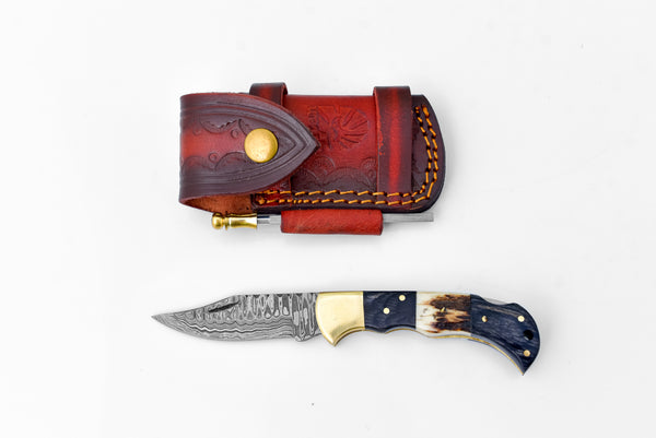 Damascus steel pocket knife Limited Run Black Diamond Wood and Stag Horn TF-052