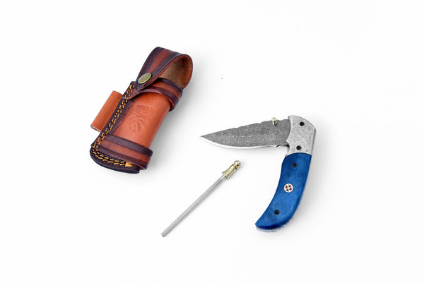 Damascus Steel Folding Knife Dyed Blue Bone TF-047