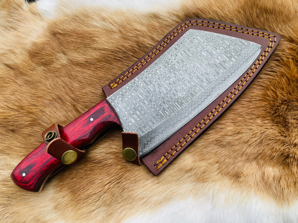 Custom Damascus steel cleaver Red Handle