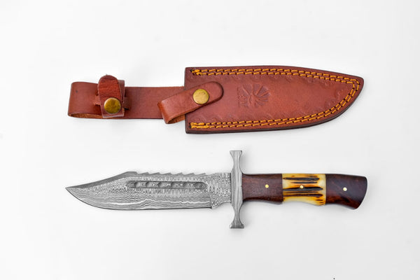 Damascus Sawback Bowie Knife