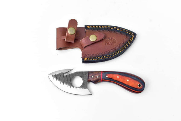 Handcrafted Gut Hook Skinner Knife with Exotic Wood Handle & Leather Sheath