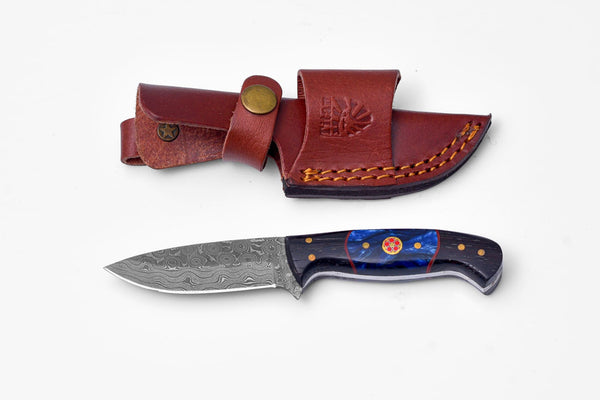 Handmade Damascus Steel Knife with Blue Resin & Wenge Wood Handle