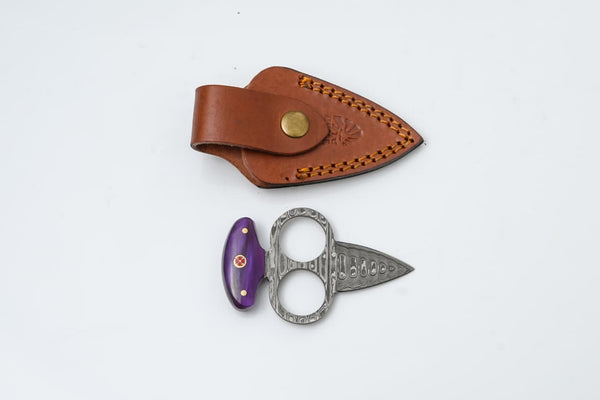 Damascus Push Dagger with Purple Resin Handle & Leather Sheath