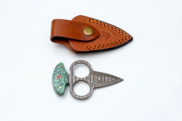 Damascus Push Dagger with Green Resin Handle & Leather Sheath