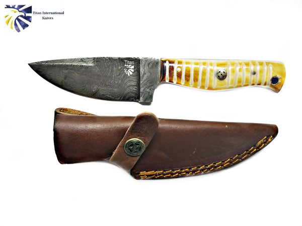7.4" Hunter Knife Custom Hand Made Forged Damascus Steel Hunting Bowie Knife Burnt Bone Handle With Leather Sheath TD-203
