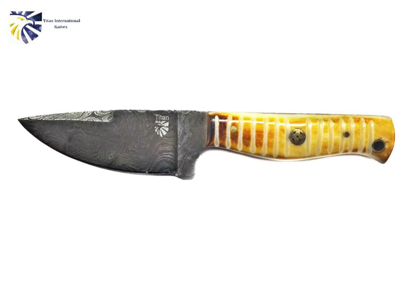7.4" Hunter Knife Custom Hand Made Forged Damascus Steel Hunting Bowie Knife Burnt Bone Handle With Leather Sheath TD-203