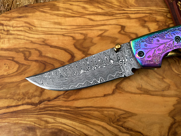 Damasucs Pocket Knife exquisite engraved bolster by Titan TF-015