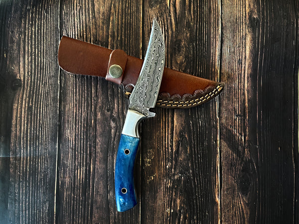 Damascus Hunting Knife Dyed Blue Bone Handle TD-601 (1)