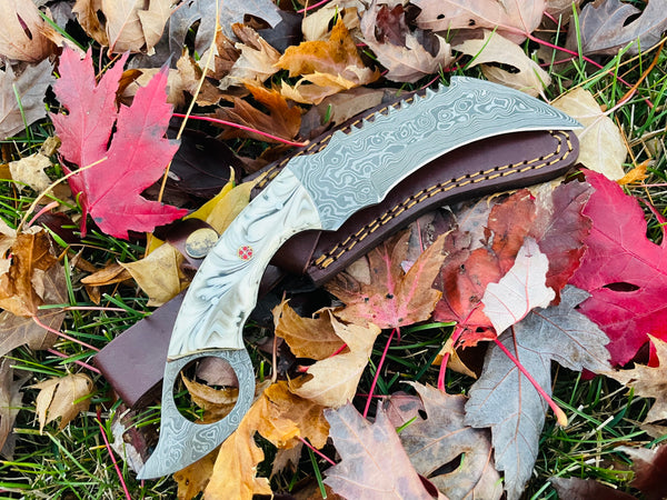 Damascus Steel Serrated Back Karambert Knife Acrylic SCALES TK-048