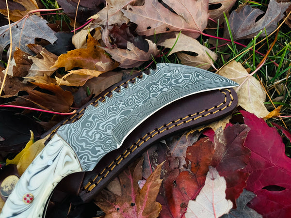 Damascus Steel Serrated Back Karambert Knife Acrylic SCALES TK-048