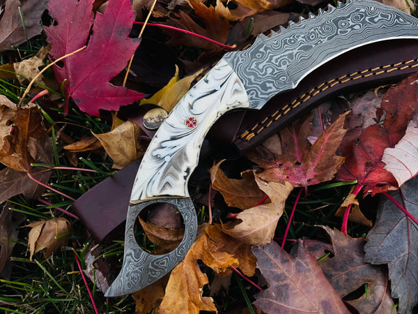 Damascus Steel Serrated Back Karambert Knife Acrylic SCALES TK-048
