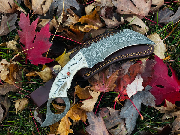 Damascus Steel Serrated Back Karambert Knife Acrylic SCALES TK-048