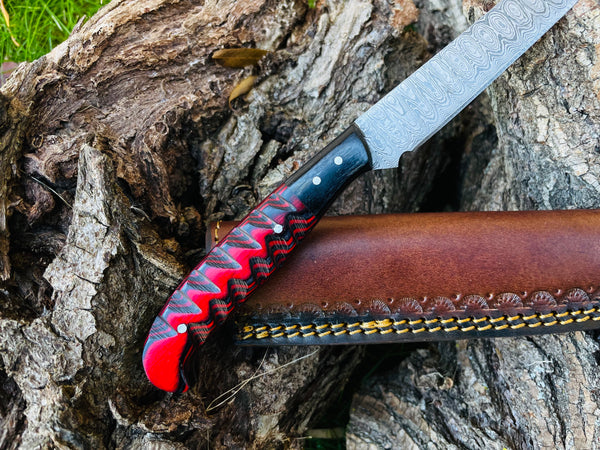 Damascus Steel Custom Flay Knife with Craved Grips TK-051