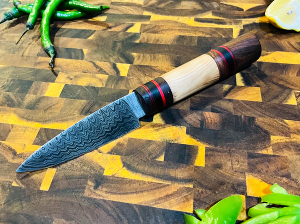 4-Piece Damascus & Wood Grip Knife Set / With Leather carry Bag