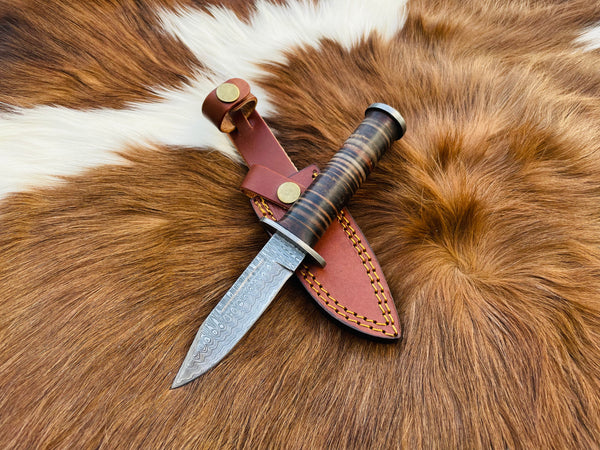 Arrival (NEW) TD-708 MILITARY STYLE CLIFF POINT KNIFE HIGH CARBON DAMASCUS BLADE HAND MADE BY TITAN STACKED LEATHER HANDLE