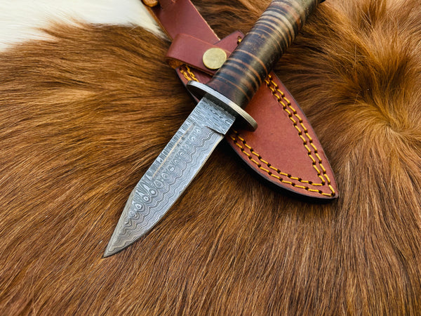Arrival (NEW) TD-708 MILITARY STYLE CLIFF POINT KNIFE HIGH CARBON DAMASCUS BLADE HAND MADE BY TITAN STACKED LEATHER HANDLE