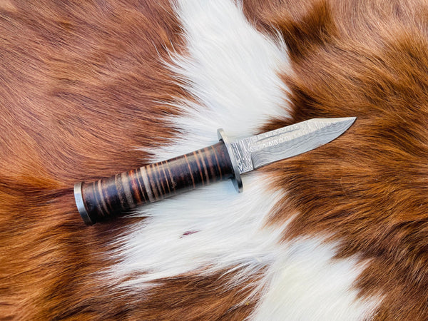 Arrival (NEW) TD-708 MILITARY STYLE CLIFF POINT KNIFE HIGH CARBON DAMASCUS BLADE HAND MADE BY TITAN STACKED LEATHER HANDLE
