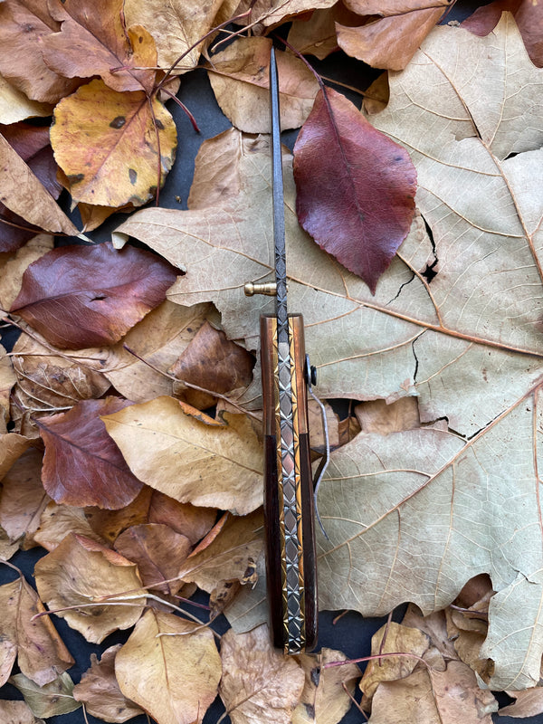 Damascus Steel Folding Knife Tanto Blade Engraved Walnut Handle and Copper Bolster Titan Pocket Samurai X TF-012