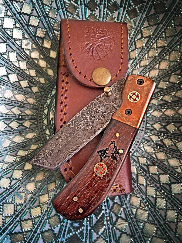 Damascus Steel Folding Knife Tanto Blade Engraved Walnut Handle and Copper Bolster Titan Pocket Samurai X TF-012