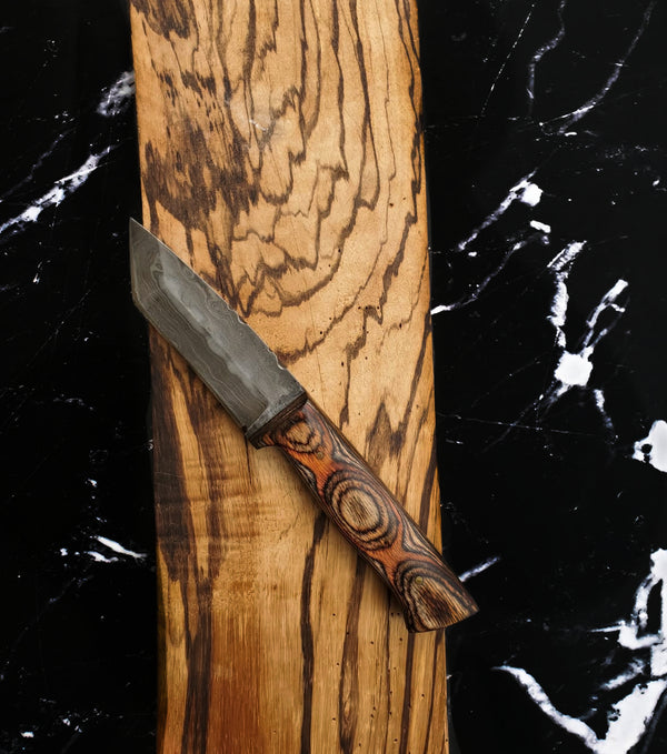 Custom, 9", tactical Tanto knife, damascus knife, Tanto point, hunting knife w/ Carved Diamond Wood, beautiful twist Damascus