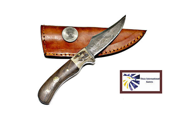 Damascus Steel Skinner Knife, Stag & Walnut Grip by Titan Td-340