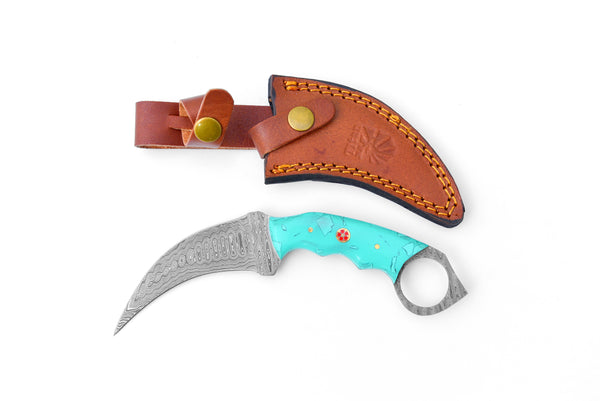 Damascus Karambit with Turquoise Resin Scales / Double Edge Karambit by Titan TD-197