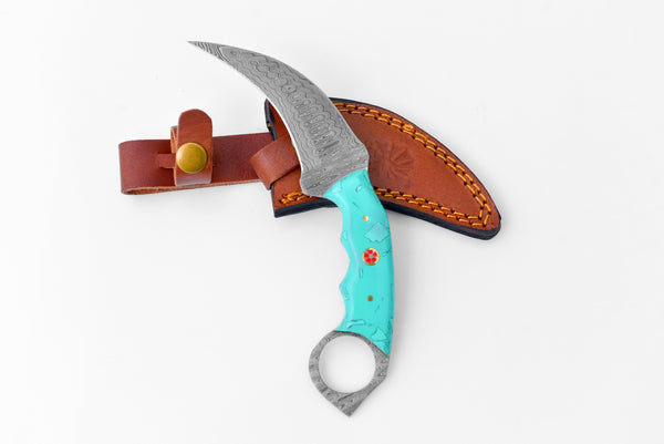 Damascus Karambit with Turquoise Resin Scales / Double Edge Karambit by Titan TD-197