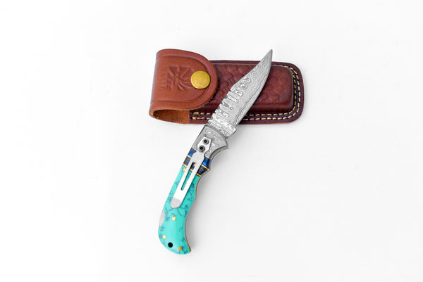 Damascus steel pocket knife Limited Run Turquoise Resin TF-059