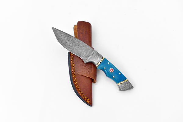 The Dyed Blue Bone Damascus Steel Utility Knife TK-001