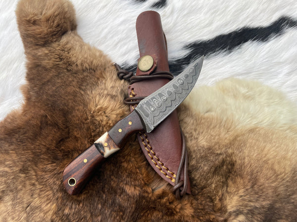 Introducing the Titan TK-060 Damascus Steel Skinner Knife with Rosewood & Stag Grip