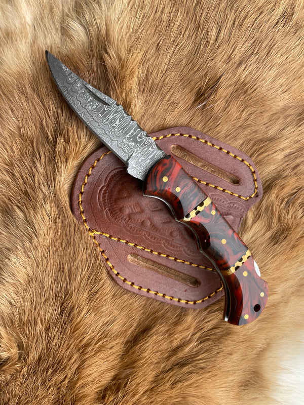 POCKET KNIFE RED RESIN WOOD 6.5'' DAMASCUS STEEL KNIFE STEEL BOLSTER BACK LOCK FOLDING KNIFE BP-18