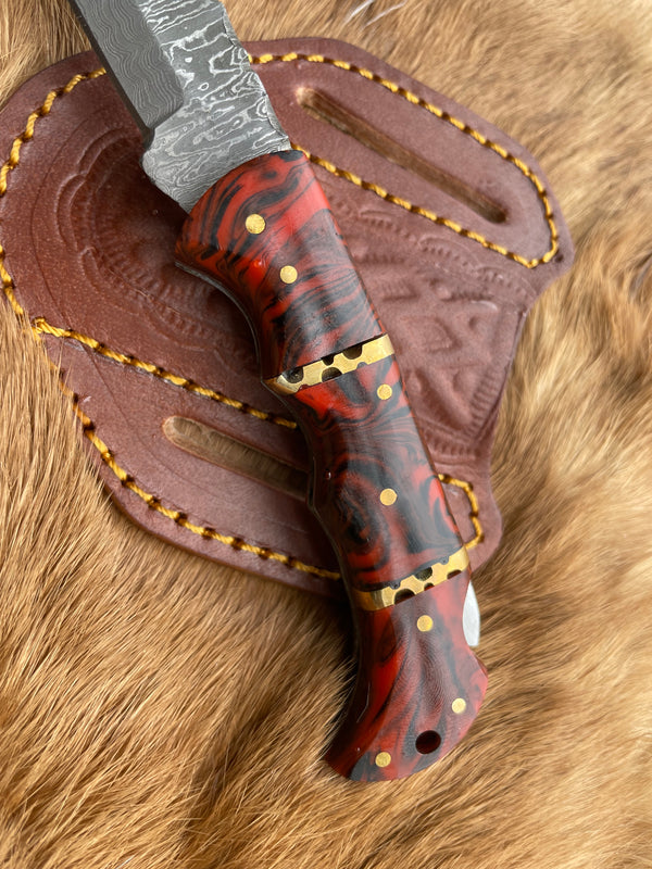 POCKET KNIFE RED RESIN WOOD 6.5'' DAMASCUS STEEL KNIFE STEEL BOLSTER BACK LOCK FOLDING KNIFE BP-18