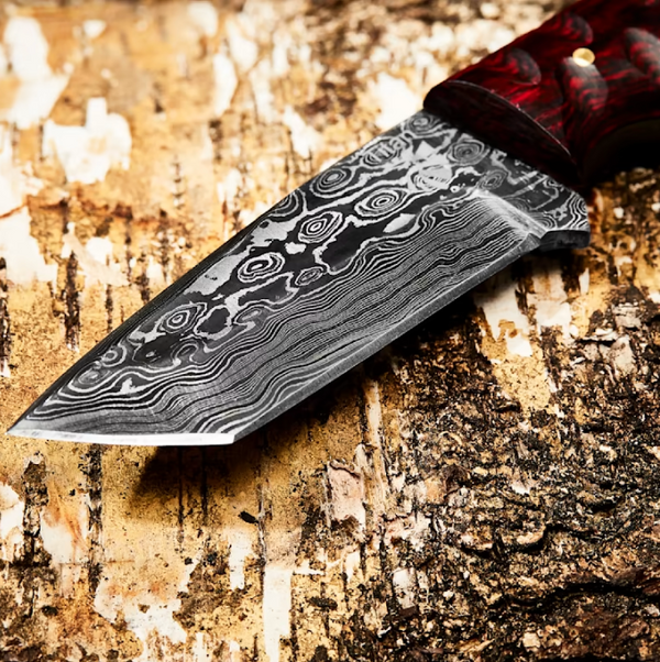 Custom, 8", knife, damascus knife, Carved Diamond Wood, beautiful twist Damascus TD-75