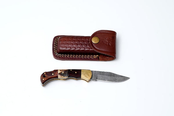 POCKET KNIFE WALNUT WOOD & STAG 6.5'' DAMASCUS STEEL KNIFE STEEL BOLSTER BACK LOCK FOLDING KNIFE