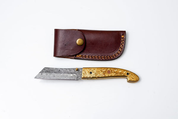 B. Titan Golden Eagle Pocket Knife - Raindrop Damascus folding blade/ EDC/ Hand engraved