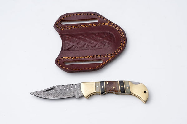 Brass & Bone Damascus Folding Knife with Leather Sheath