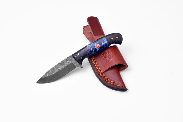 Handmade Damascus Steel Knife with Blue Resin & Wenge Wood Handle
