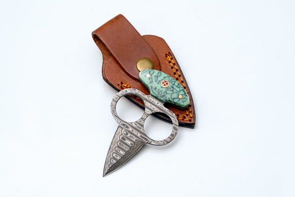 Damascus Push Dagger with Green Resin Handle & Leather Sheath