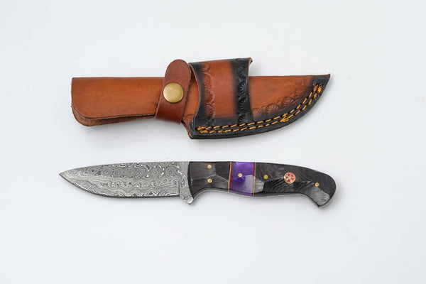 Damascus Steel Fixed Blade Knife with Wenge Wood & Purple Resin Handle