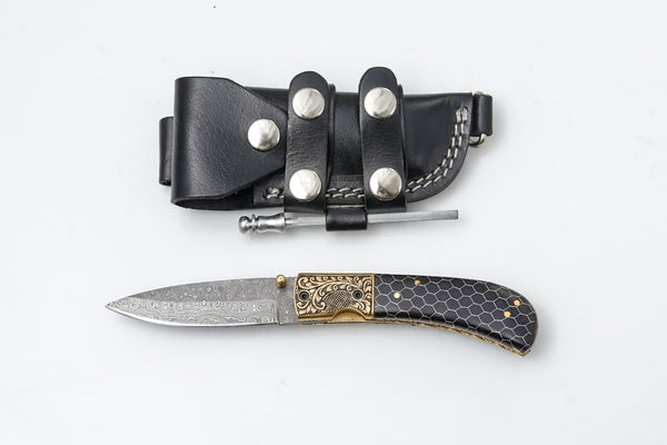 Hand-Engraved Damascus Folding Knife with Honeycomb Handle