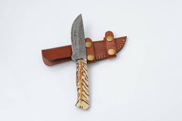 Handmade Damascus Steel Knife with Camel Bone Handle & Leather Sheath
