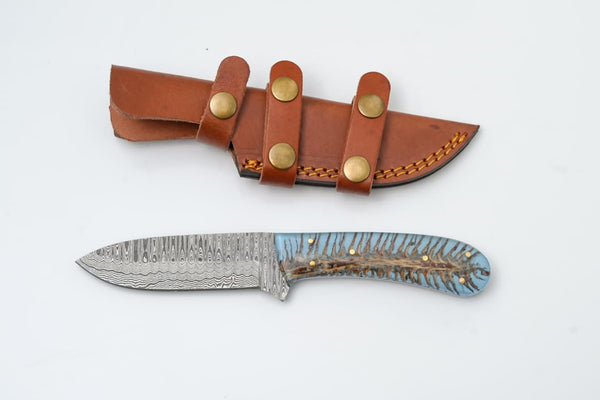 Custom Damascus Steel Knife with Blue Resin & Bone Handle