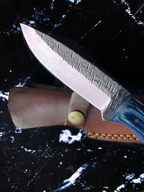 Titan Azura Custom knife/ hunting knife/ Carbon steel skinning knife/ camping/ utility knife with Blue Diamond Wood handle.