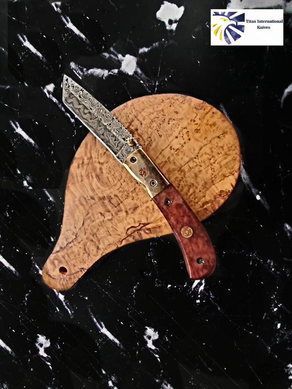 Damascus Steel Folding Knife Tanto Blade Dyed Bone Handle and Copper Bolster Titan Pocket Samurai