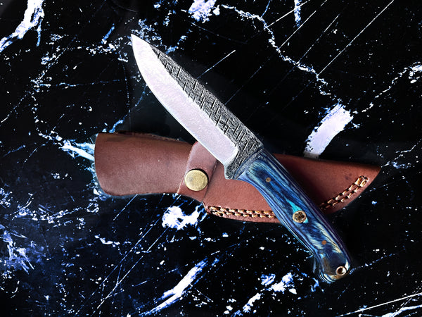 Titan Azura Custom knife/ hunting knife/ Carbon steel skinning knife/ camping/ utility knife with Blue Diamond Wood handle.