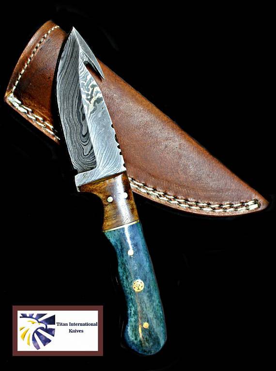Damascus Skinning gut hook, Hunting Knife by Titan TD-176