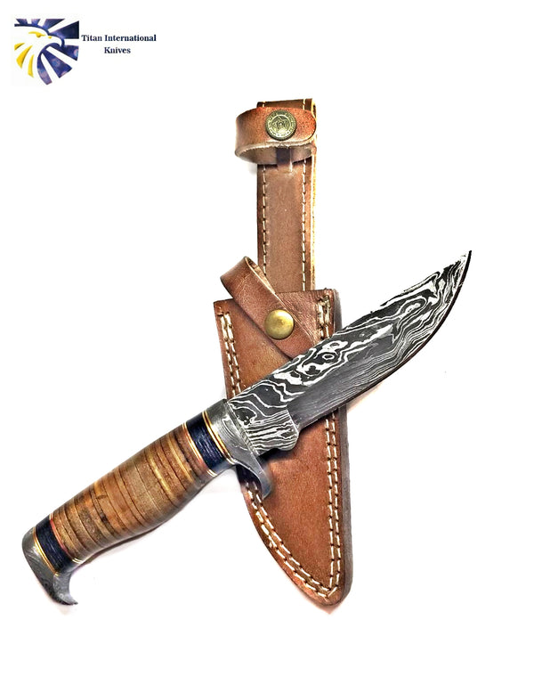 DAMASCUS KNIFE/ Titan/ Camp/ Hunting Knife / Leather Handel  TD-290