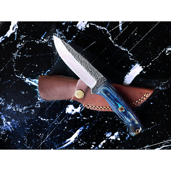 Titan Azura Custom knife/ hunting knife/ Carbon steel skinning knife/ camping/ utility knife with Blue Diamond Wood handle.